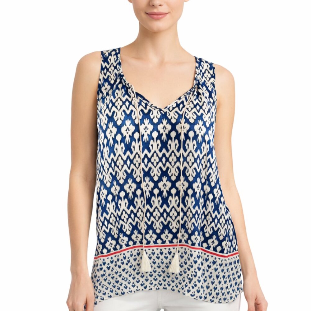 Beachlunchlounge Boho Tassel Tank Top XS Blue White Viscose Sleeveless Boho